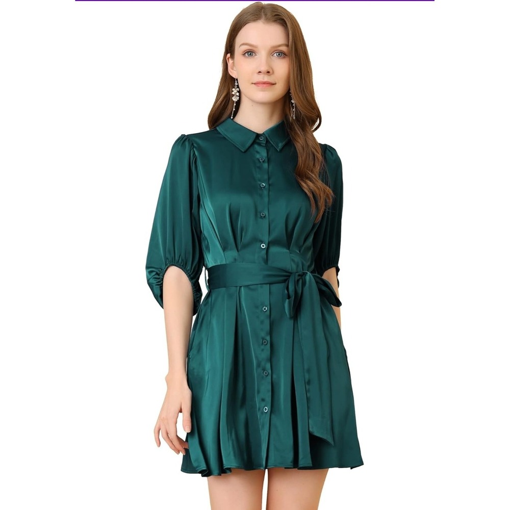 Emerald‎ Green Satin Shirt Dress Puff Sleeve Tie Waist Fit Flare Mini